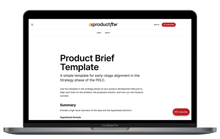 Image of a macbook laptop with the product brief template page open.