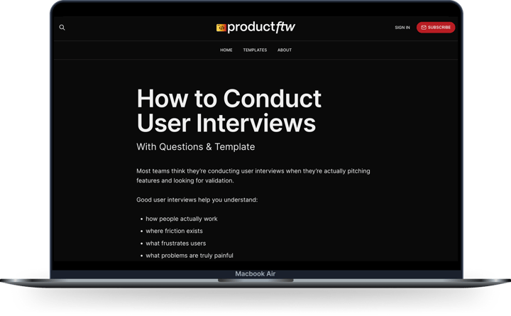 Image of a macbook laptop with the How to Conduce User Interviews guide page open.