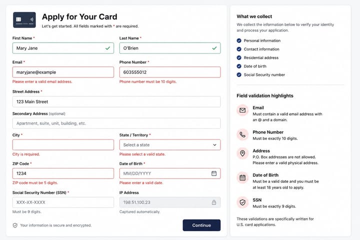Card Onboarding Requirements: Field Validations and Error States - ProductFTW #94