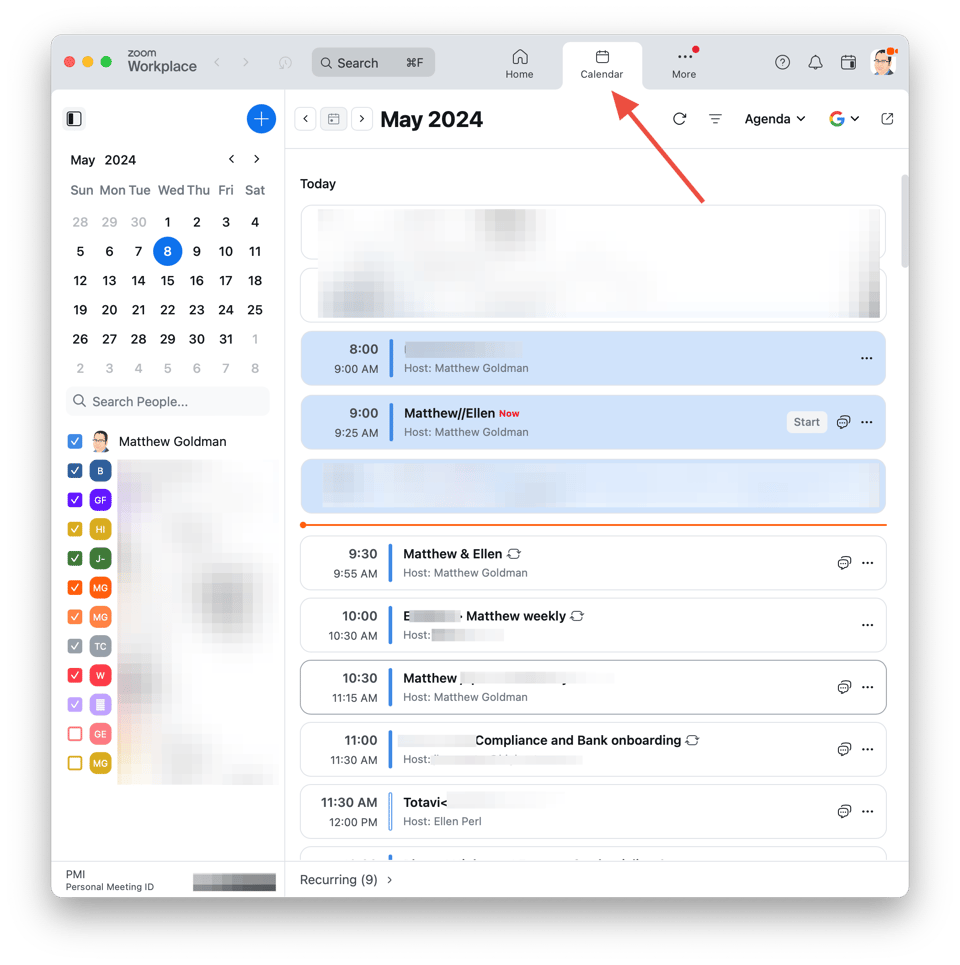 The Zoom Calendar tab