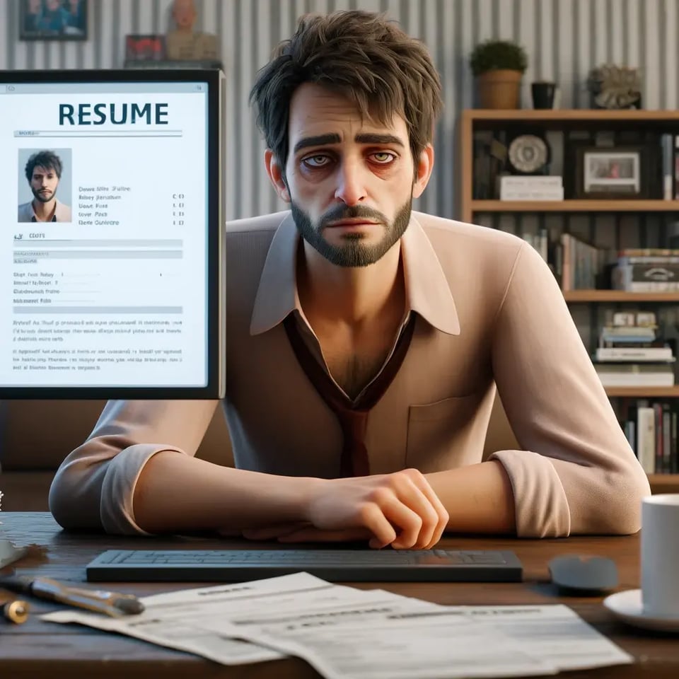 AI generated image of a man worn down and tired from job interviewing