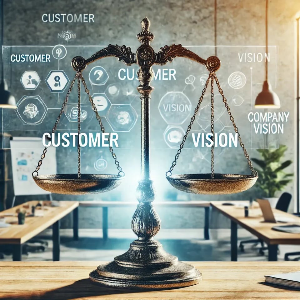 Image of a scale balancing "Customer" and "Vision"