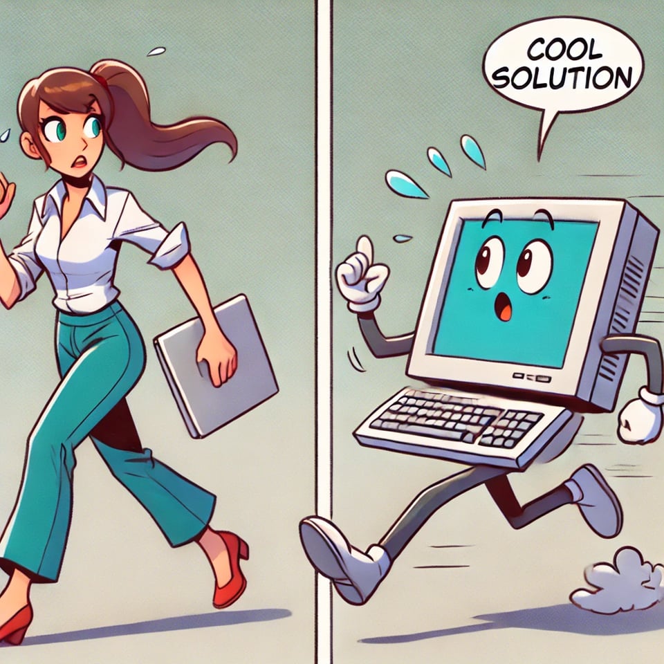 Image of a woman running away from a computer with a text bubble containing "Cool Solution"