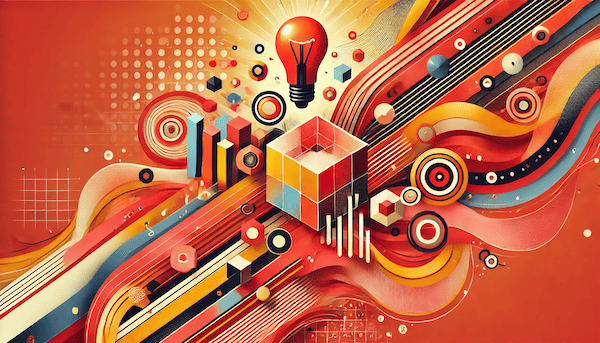 Abstract geometric shapes in vibrant red and orange hues, creating a dynamic and energetic composition that conveys a sense of innovation and creativity.
