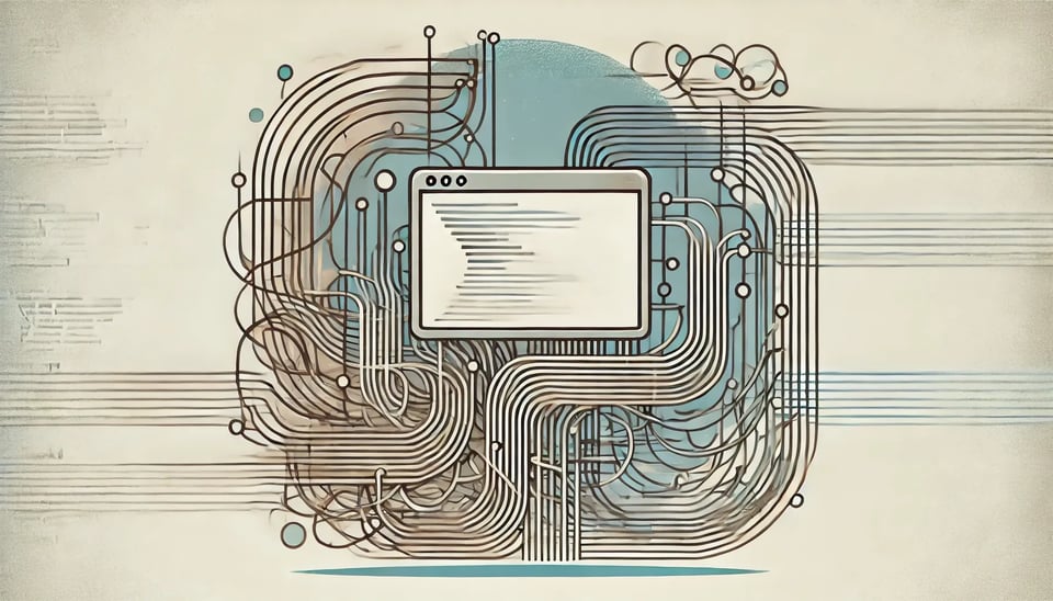 Digital illustration of a conceptual software program represented by overlapping wires in muted gray, beige, and soft blue tones, with a central computer window displaying abstract lines of code.