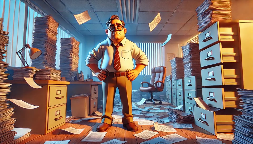 A cartoon-style illustration of a frustrated man with glasses in a messy office, hands on hips. Papers overflow from desks and cabinets, flying through the air, emphasizing the chaos and disorder.