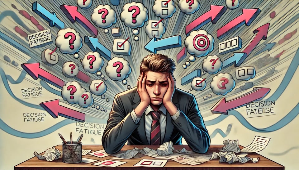 A semi-realistic animated illustration of a stressed and exhausted person sitting at a desk, head in hands, surrounded by thought bubbles filled with question marks and checkboxes. Arrows point both inwards and outwards, symbolizing external pressures and internal conflict. The muted color palette and chaotic background emphasize decision fatigue and mental overload.