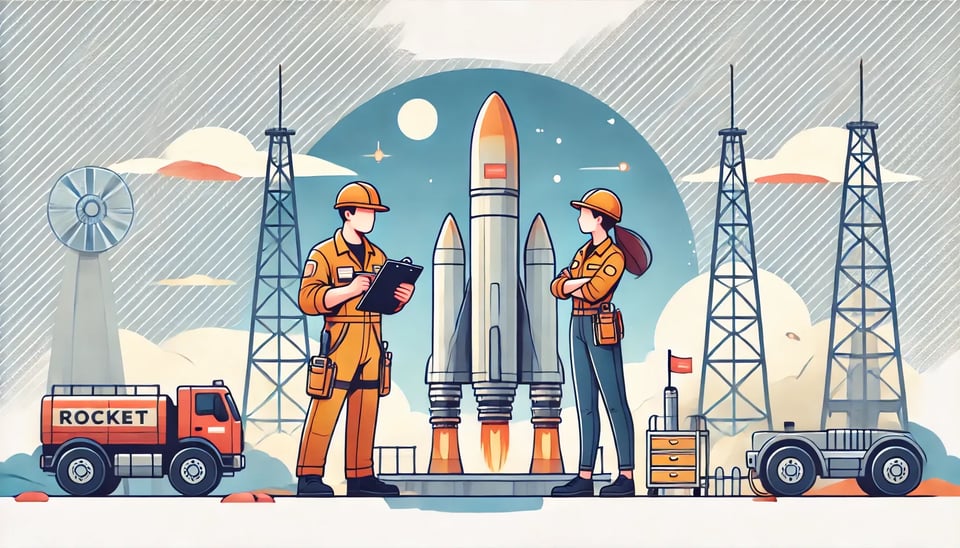 A cartoon-style illustration of two engineers in orange uniforms standing in front of a large rocket, preparing for launch. One is holding a clipboard while the other listens. The scene includes communication towers, a fuel truck labeled "ROCKET," a toolbox, and a futuristic industrial backdrop with a wind turbine and a starry sky.