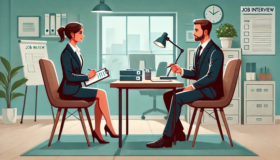 An animated-style illustration of a job interview scene in a modern office. A woman in a business suit sits across from a man in a suit at a desk. The interviewer holds a clipboard while the candidate listens attentively. The office features large windows, shelves with binders, a clock on the wall, potted plants, and a whiteboard labeled "JOB INTERVIEW" in the background.