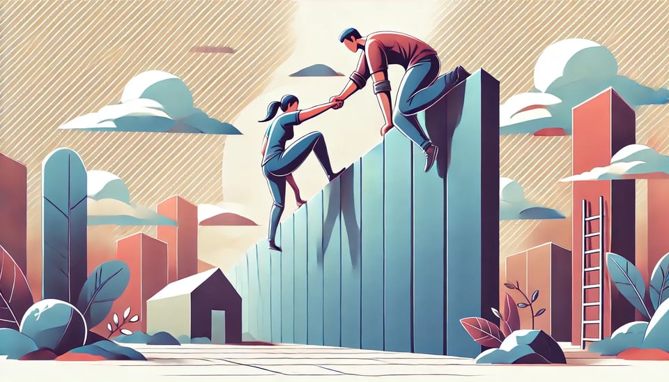 An animated-style illustration of two people working together to climb over a tall wall, symbolizing teamwork, perseverance, and mutual support. One person is already on top, reaching down to help the other up. The background features a stylized cityscape with abstract buildings, plants, and a sky with clouds.