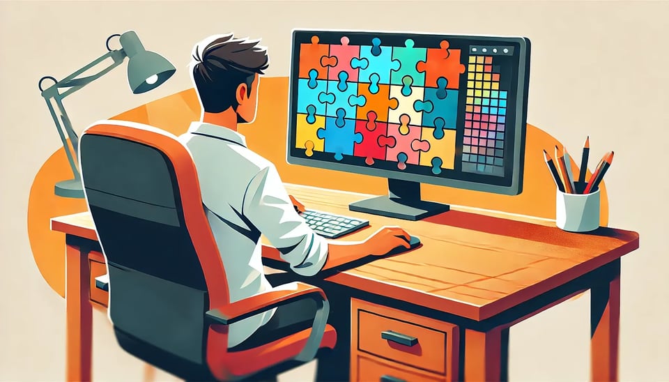 A cartoon-style illustration of a man sitting at a desk, viewed from behind. He is looking at his computer screen, which displays different colored puzzle pieces fitting together. The perspective clearly shows the back of the man's head, his computer screen, and his organized desk.