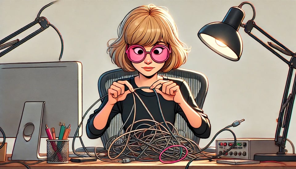 An animation-style illustration of a woman sitting at her desk, trying to untangle a bundle of wires. She has a focused yet slightly frustrated expression. The desk is cluttered with electronic devices and tangled cables.