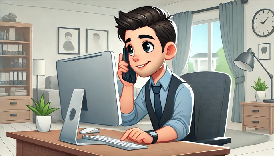 A digital animated-style image of a man sitting at his desk in a home office, looking at his computer screen while talking on the phone. He has a focused expression, possibly troubleshooting or discussing something important.