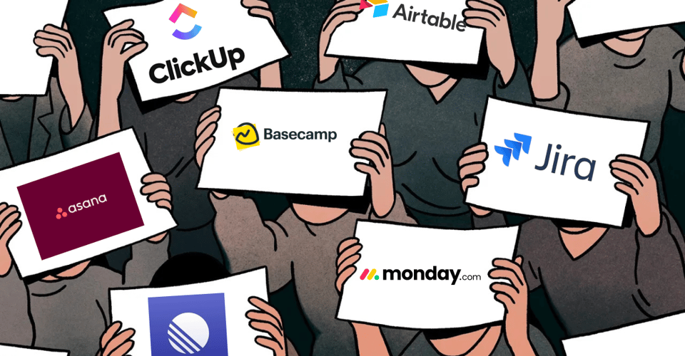 A digitally illustrated image of multiple people holding up signs with various project management software logos, including ClickUp, Basecamp, Jira, Asana, Monday.com, and others. The illustration depicts a crowd, with some signs partially obscured.