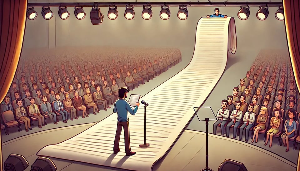 A cartoon-style illustration of a man standing on a stage, facing the audience, holding an extremely long piece of paper that extends off the stage. He has a surprised expression as he reads from the endless sheet. The background is plain with soft lighting, and the stage is simple and unadorned.