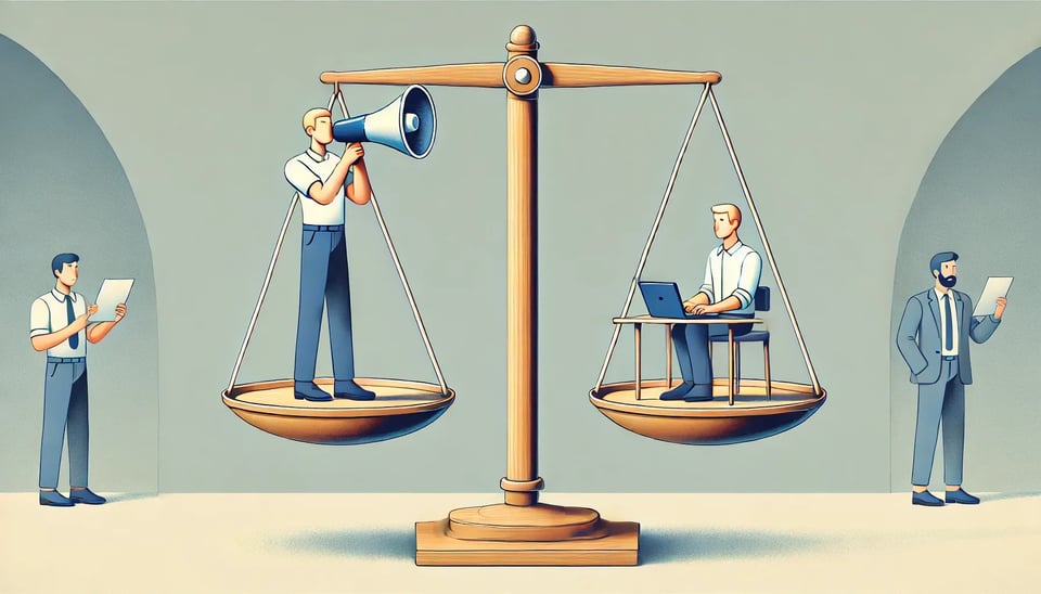 A simple, animated-style illustration of a large balance scale. On one side, a person stands holding a megaphone, appearing to speak loudly. On the other side, a man sits at a computer, focused on his screen. The scale is evenly balanced, representing a contrast between communication and concentration.