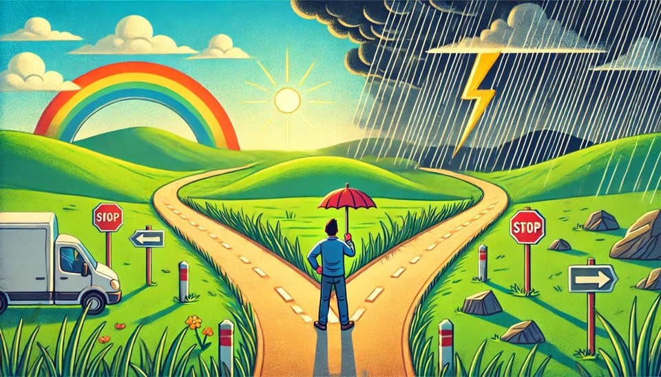 A man stands at a fork in the road, facing the wider path on the right. The left path is narrow and leads to a bright, cheerful landscape with rolling green hills, sunshine, and a rainbow. The right path is wide but dark and stormy, with heavy rain, lightning, and obstacles. The man appears to be contemplating his choice.