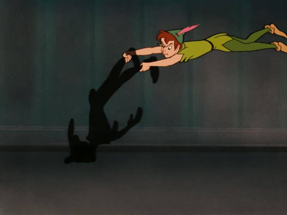 Animated Peter Pan trying to catch his shadow, which is climbing off the wall.