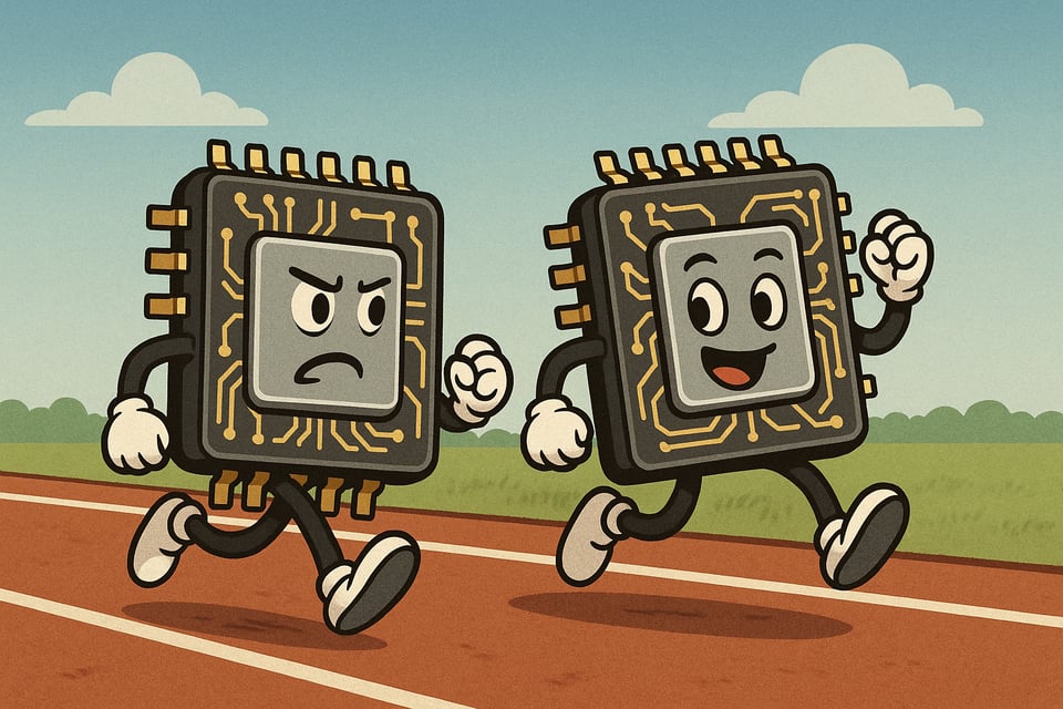 Animated microchips in a footrace. One is smiling, the other is not.