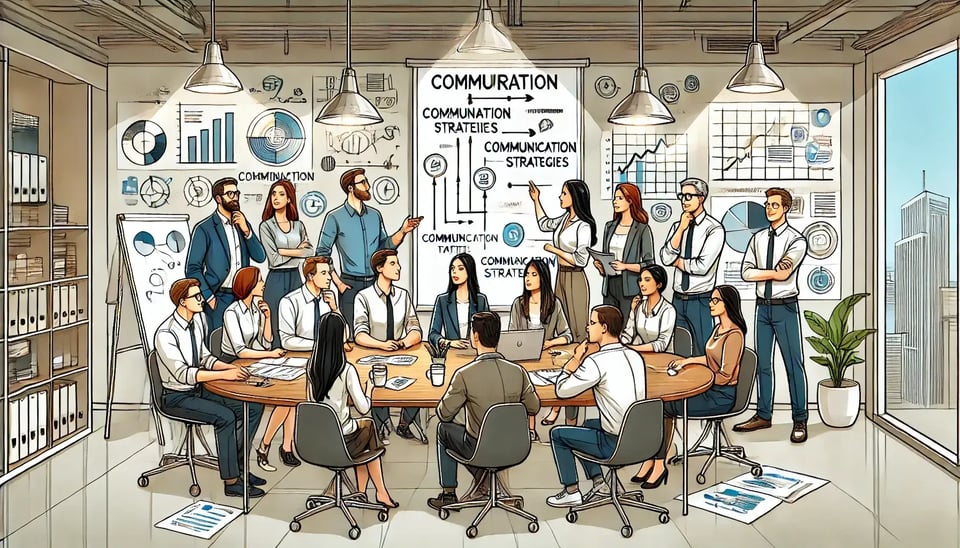 An animated-style illustration of a diverse group of professionals gathered around a modern office table. They are actively discussing and taking notes, with some gesturing towards a whiteboard behind them filled with diagrams, bullet points, and communication strategies. The team members appear engaged and collaborative, representing effective teamwork.