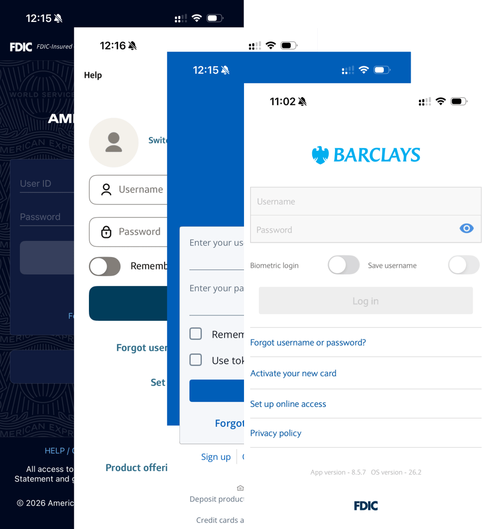 Image of login screens for American Express, Capital One, Chase, and Barclays.