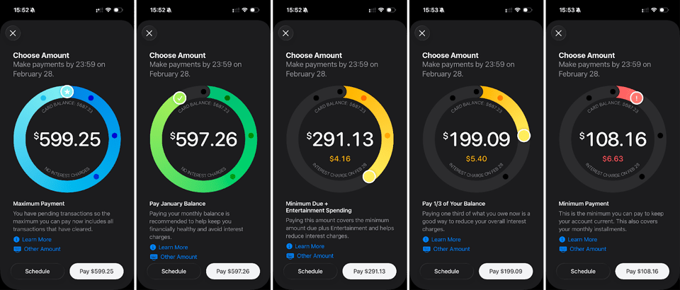 Screenshots of Apple's repayment experience on mobile.