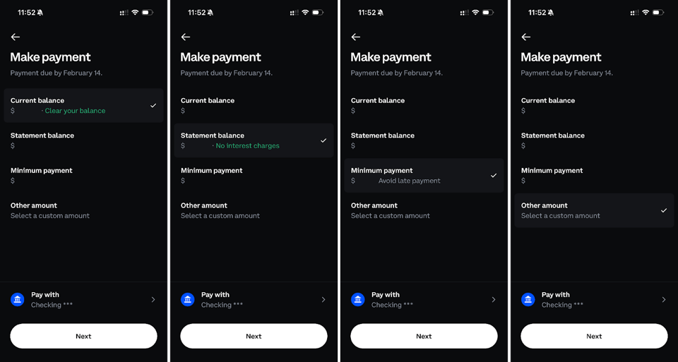 Screenshots of Coinbase's repayment experience on mobile.
