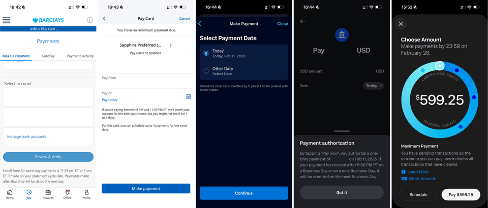 Images of repayment screens from Barclays, Chase, American Express, Coinbase, and Apple.