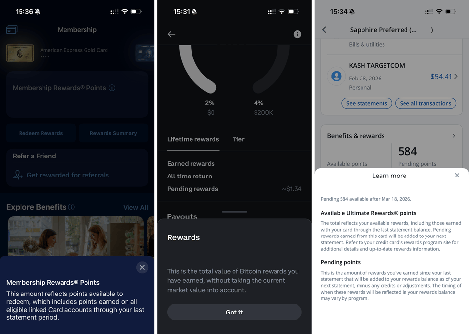 Screenshots from American Express, Coinbase, and Chase to demonstrate their "available points" sections and tool tips.