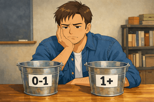 An illustrated, Studio Ghibli–style scene of a man sitting at a wooden table with his head resting on his hand, looking thoughtfully at two metal buckets in front of him. One bucket is labeled “0-1” and the other “1+.” The background shows a cozy indoor setting with warm tones and a bookshelf, emphasizing a contemplative, decision-making moment.
