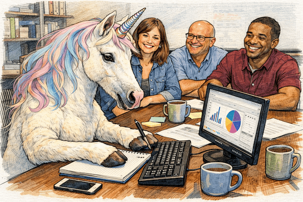 Drawing of a white unicorn with a pastel rainbow mane sitting at a computer keyboard and monitor showing charts and graphs. The unicorn is surrounded by smiling people but it looks a little stressed.