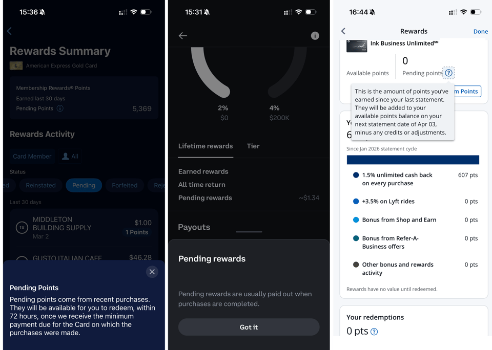 Screenshots from American Express, Coinbase, and Chase to demonstrate their "pending points" sections and tool tips.