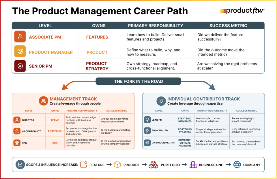 nfographic showing the product management career path from Associate PM to Product Manager to Senior PM, then splitting into Management and Individual Contributor tracks. The chart highlights increasing scope and influence from features to company-wide impact.
