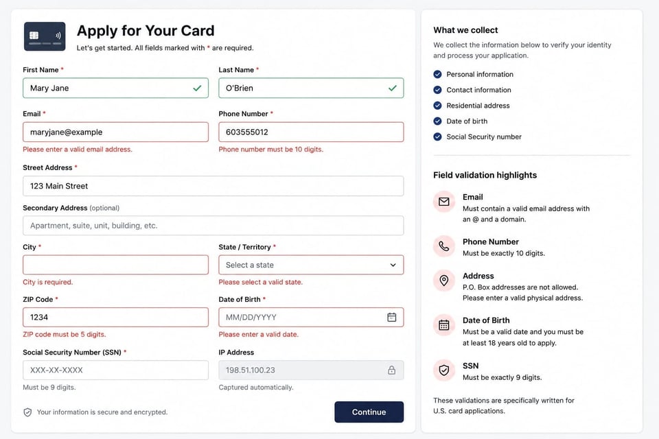 Mock card onboarding form showing personal information fields with validation errors for email, phone number, city, state, ZIP code, date of birth, and SSN.