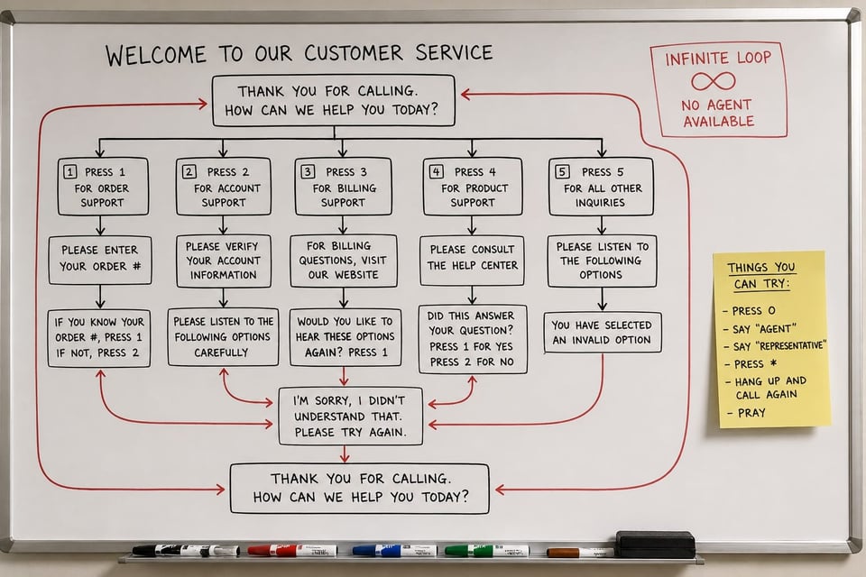 Customer service IVR flowchart showing every support option looping back to automated prompts, with no path to a human agent.