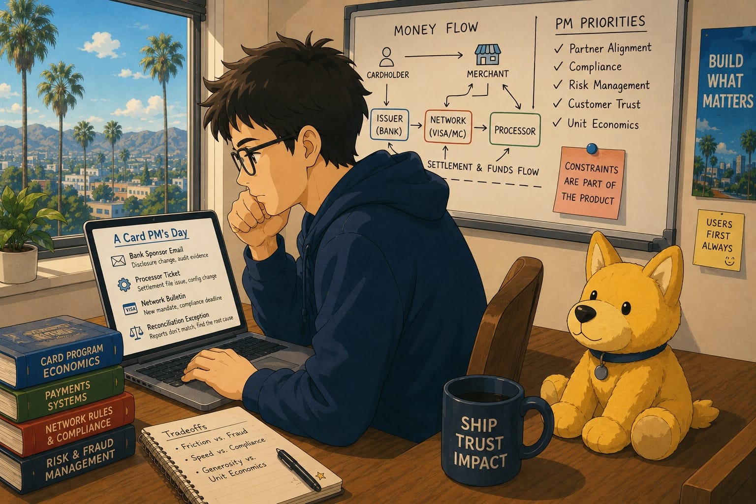 A product manager with dark-rimmed glasses working at a desk in a sunny Los Angeles office. A yellow stuffed dog with pointy ears sits beside a laptop, while palm trees and mountains are visible through the window.